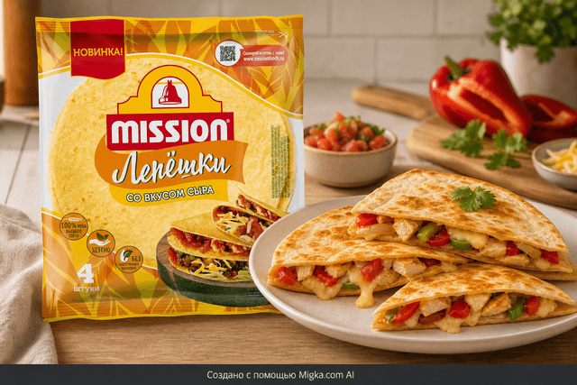 Mission Лепёшки со вкусом сыра 250 г: Кесадилья с сыром, курицей и перцем