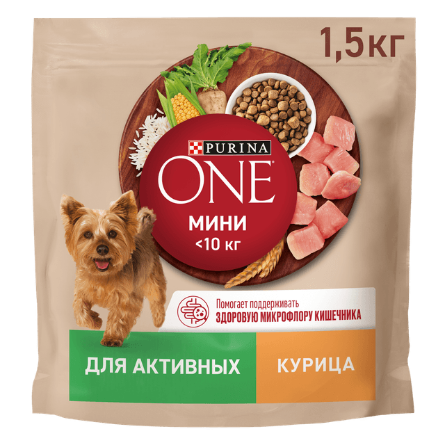 Сухой корм "Purina ONE" мини для активных с курицей и с рисом 1,5кг (Россия)