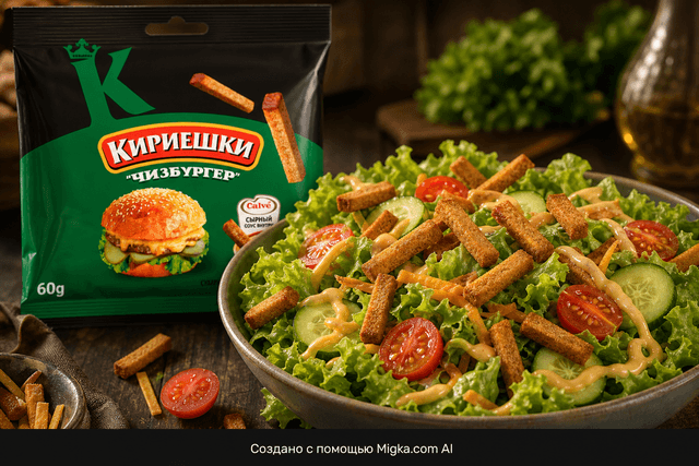 Сухарики Кириешки Чизбургер с сырным соусом 60 г: Салат с хрустом чизбургера