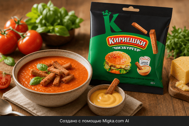 Сухарики Кириешки Чизбургер с сырным соусом 60 г: Томатный суп с сухариками и сырным соусом
