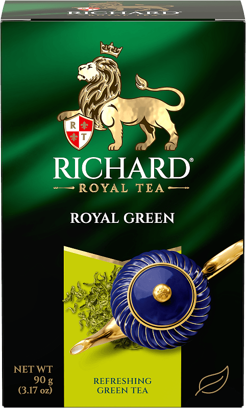 Упаковка чая Richard Royal Green 90 г — коробка с изображением рассыпного зелёного чайного листа и заварочного чайника