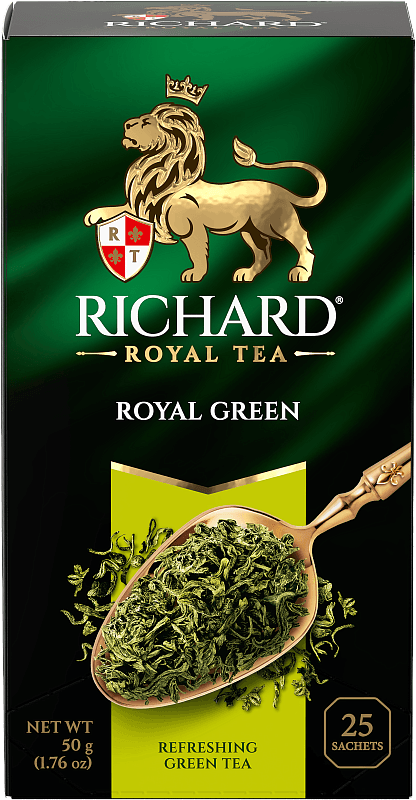 Упаковка чая Richard Royal Green, 25 пакетиков, зелёный чай без добавок