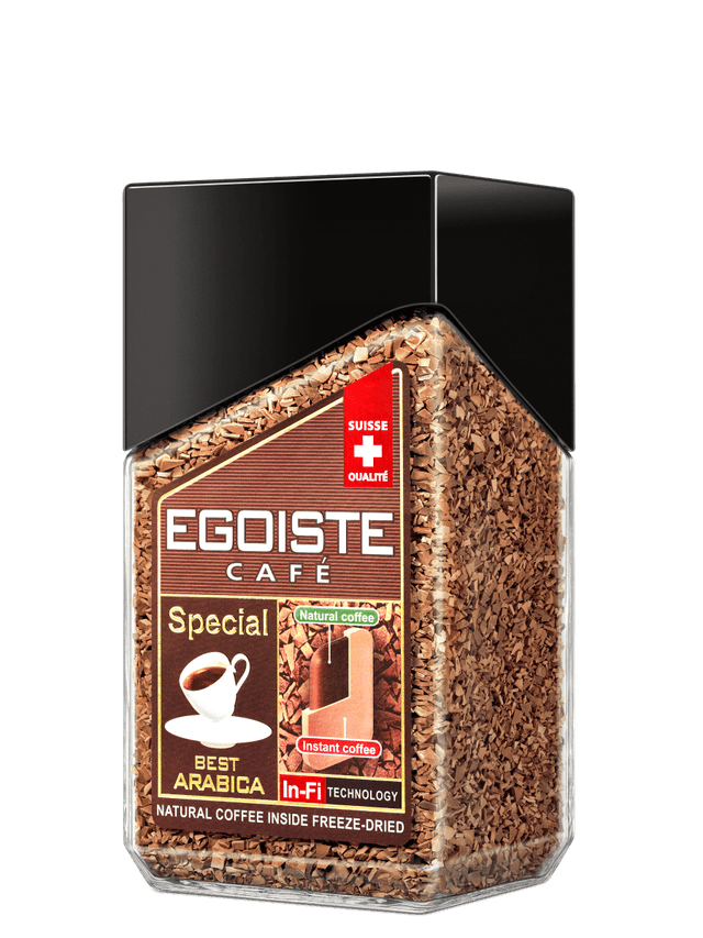 Стеклянная банка растворимого кофе Egoiste Special с надписями Best Arabica и Natural Coffee Inside Freeze-dried