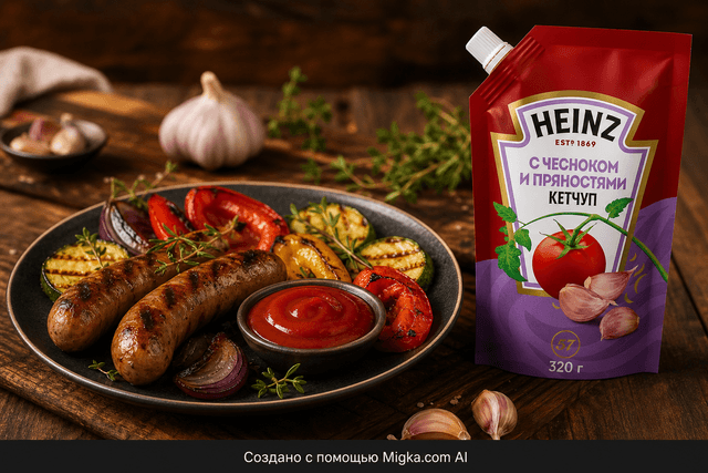 Кетчуп Heinz Чеснок и пряности 320 г: Колбаски и овощи с пряным соусом