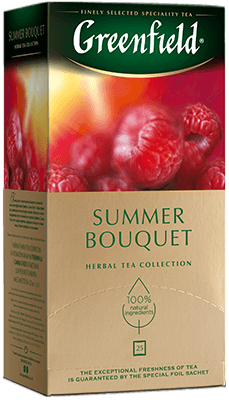 Упаковка чая Greenfield Summer Bouquet, Herbal Tea Collection, с изображением малины