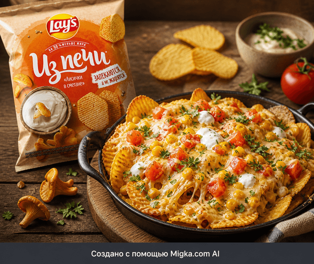 Чипсы Lay's из печи лисички в сметане 81 г: Горячая закуска с чипсами, сыром и овощами