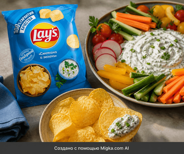 Чипсы Lay's Сметана и зелень 140 г: Чипсы с густым соусом и свежими овощами