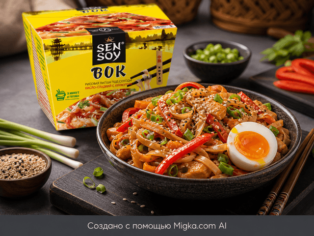 Sen Soy Лапша рисовая под китайским соусом WOK 125 г: Тарелка лапши с овощами, кунжутом и яйцом
