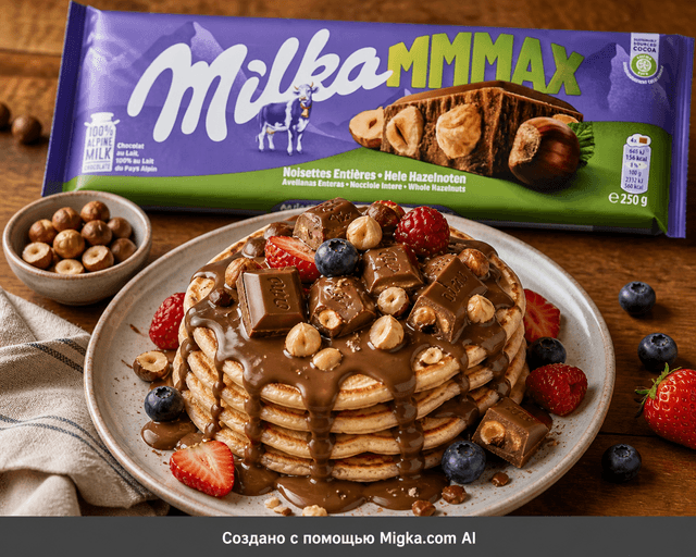 Шоколад Milka Whole Nuts молочный 250 г: Панкейки с тёплым шоколадом и фундуком