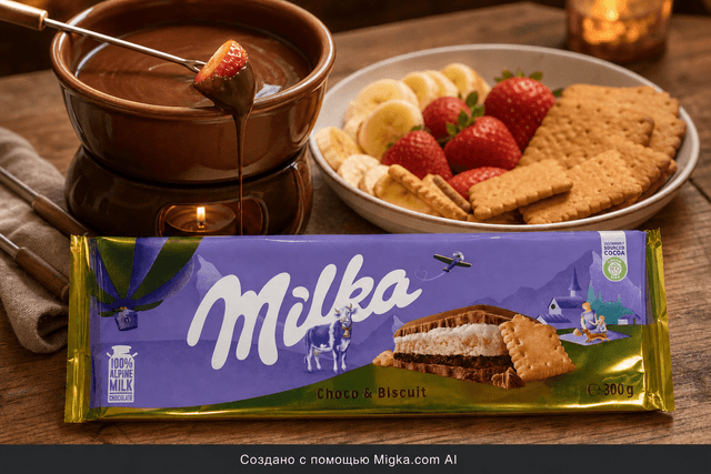 Шоколад Milka Choco and Biscuit молочный 300 г: Шоколадное фондю с фруктами и печеньем