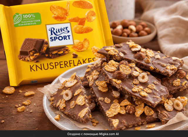 Шоколад Ritter Sport Цельный орех и хлопья 100 г: Шоколадная кора с орехами и хлопьями
