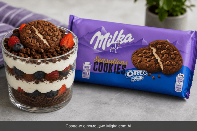 Печенье Milka Oreo Sensations 156 г: Слоёный десерт с печеньем и ягодами