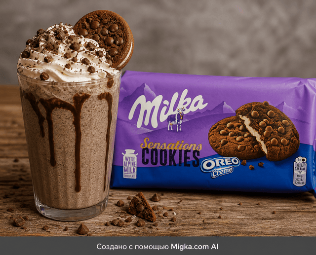 Печенье Milka Oreo Sensations 156 г: Шоколадный молочный коктейль с печеньем