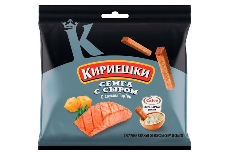 Сухарики "Кириешки" со вкусом сыра и семги с соусом тар-тар 60г (Россия)