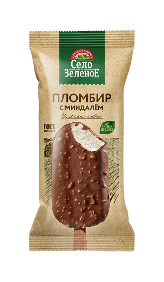 Мороженое пломбир "Село зеленое" шоколад миндаль 15% 80г (Россия)