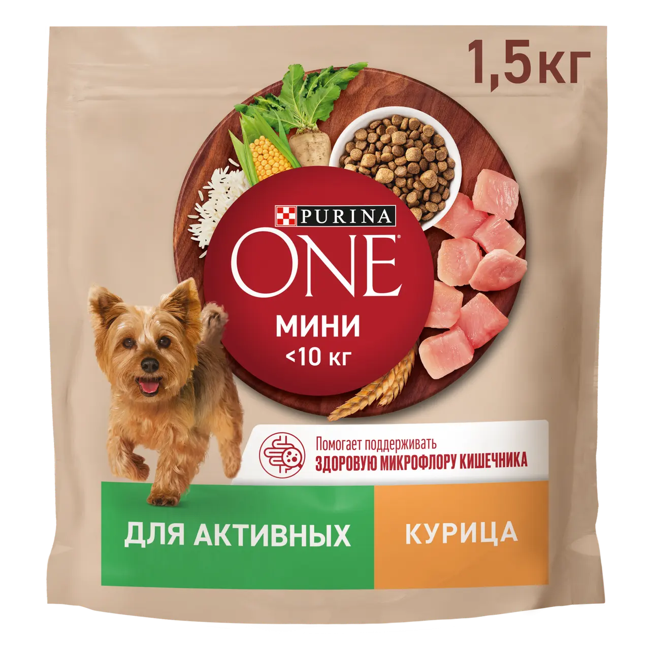Сухой корм "Purina ONE" мини для активных с курицей и с рисом 1,5кг (Россия)