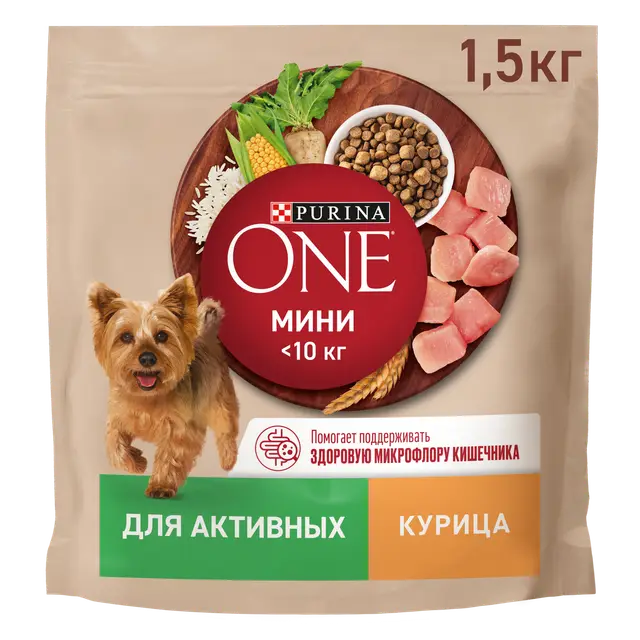 Сухой корм "Purina ONE" мини для активных с курицей и с рисом 1,5кг (Россия)