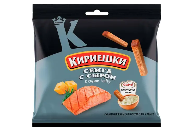Сухарики "Кириешки" со вкусом сыра и семги с соусом тар-тар 60г (Россия)