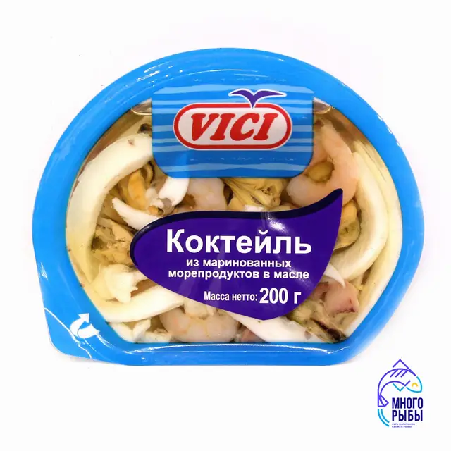 Коктейль из копченых морепродуктов в масле вак уп 1/200г vici любо есть