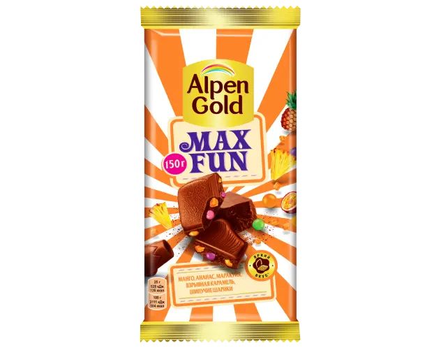 Шоколад "Alpen Gold" Max Fun Апельсин взрывная карамель 140г (Польша)