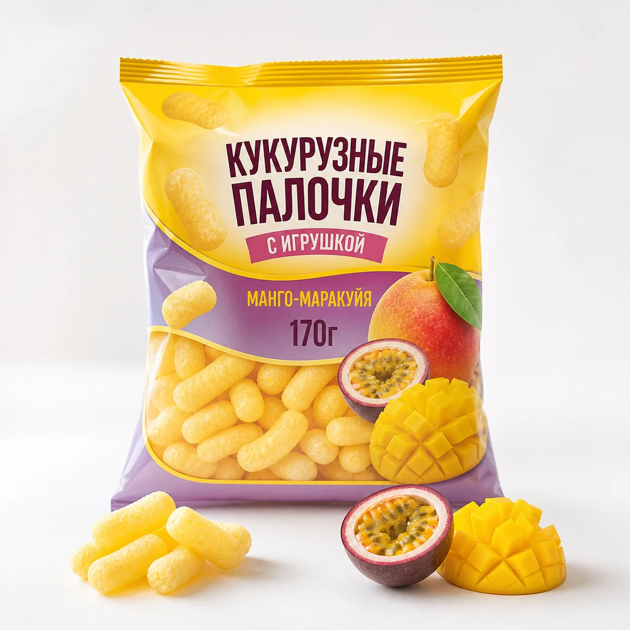 AI-иллюстрация Migka AI — Кукурузные палочки с игрушкой Манго-Маракуйя 170г (Россия)