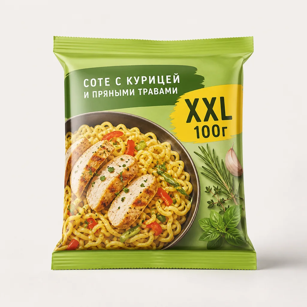 Лапша "Биг Ланч" Соте с курицей и пряными травами брикет XXL 100г (Россия)