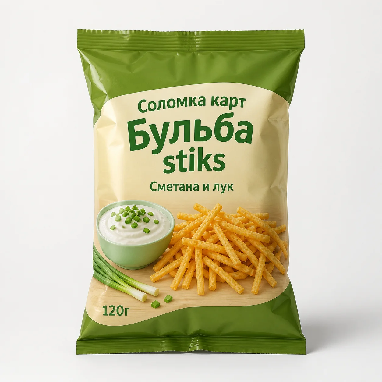 AI-иллюстрация Migka AI — Соломка карт, Бульба stiks Сметана и лук 120г м/у (Беларусь)