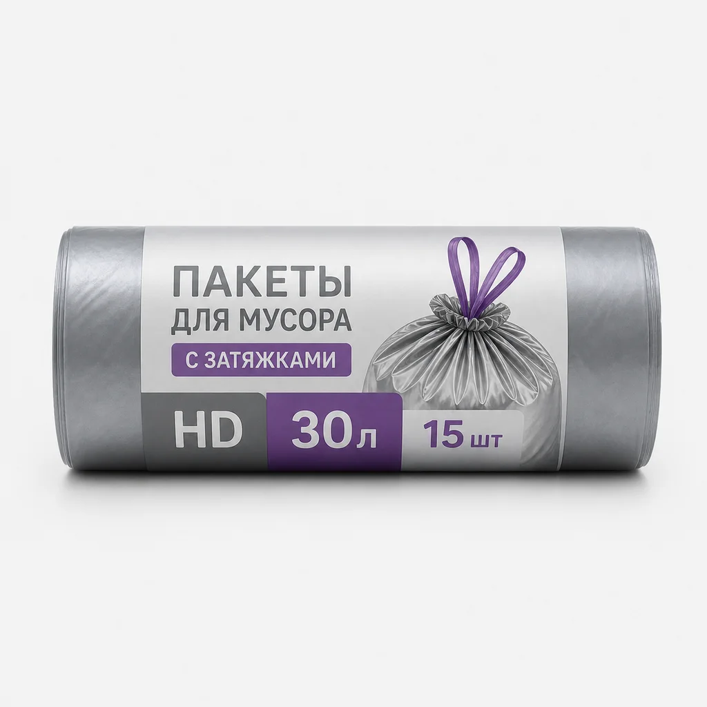 Пакеты для мусора BIG City с затяжками HD 30л 15 шт серебро